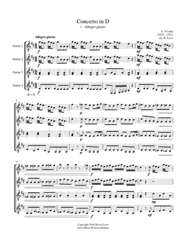 Concerto in D - i - Allegro giusto (Guitar Quartet) - Score and Parts (arr. Kevin Love)