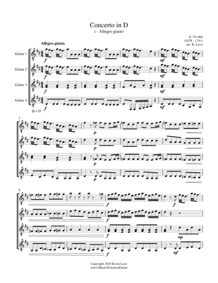 Concerto in D - i - Allegro giusto (Guitar Quartet) - Score and Parts (arr. Kevin Love)