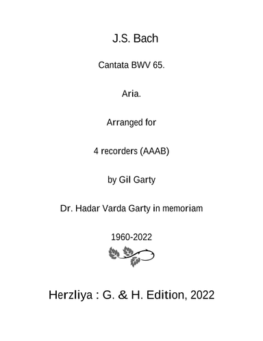 Aria: Gold und Ophir ist zu schlecht from Cantata BWV 65 (arrangement for 4 recorders (AAAB)) (arr. Gil Garty)