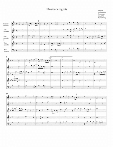 Plusieus regretz (arrangement for 5 recorders) (arr. Gil Garty)