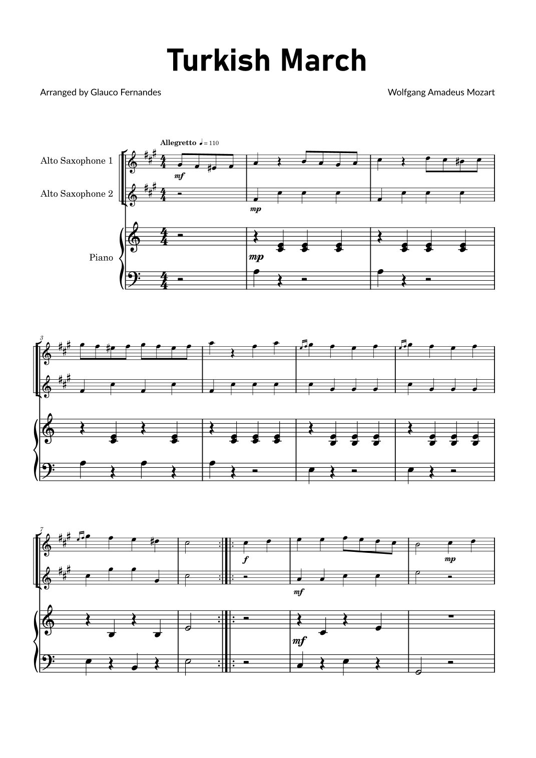 Turkish March by Mozart - Alto Saxophone Duet with Piano (arr. Glauco Fernandes)