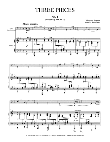 Three Pieces for Tuba or Bass Trombone & Piano (arr. Sauer, Ralph)