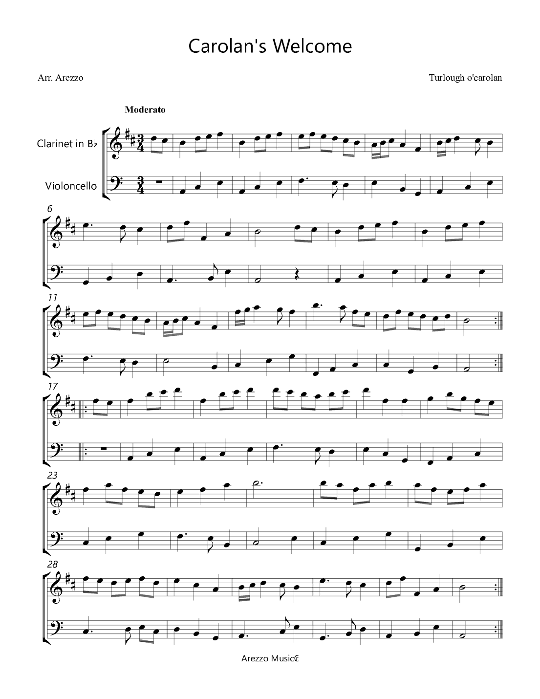Carolan's Welcome - Clarinet and Cello (arr. Arezzo Music)