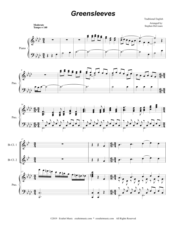 Greensleeves (for Clarinet Choir and Piano) (arr. Stephen DeCesare)