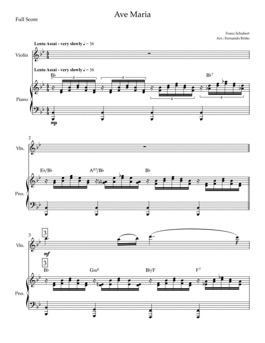 Ave Maria (Franz Schubert) for Violin Solo and Piano with Chords (arr. Fernando Britto)