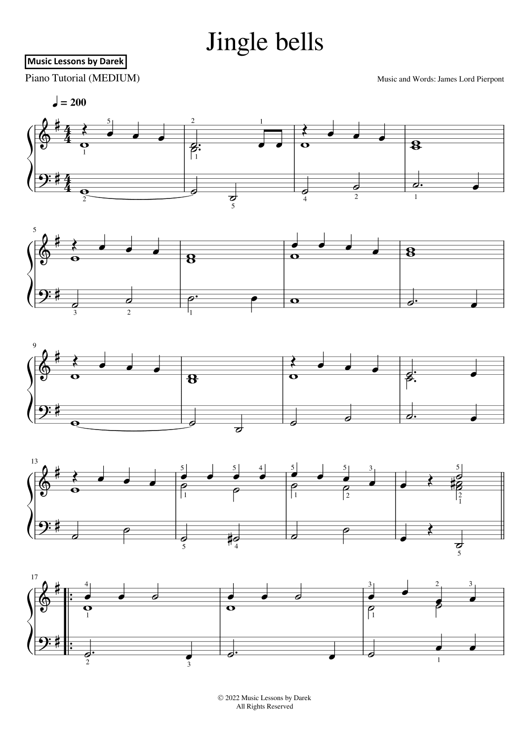 Jingle Bells - Christmas Carol [MEDIUM PIANO] (arr. Darek)