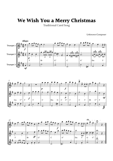We Wish you a Merry Christmas for Trumpet Trio with Chords (arr. Rika K.)
