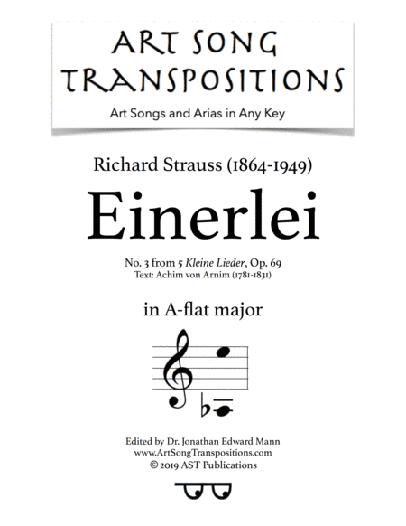 STRAUSS: Einerlei, Op. 69 no. 3 (transposed to A-flat major) (arr. ArtSongTranspositions.com)