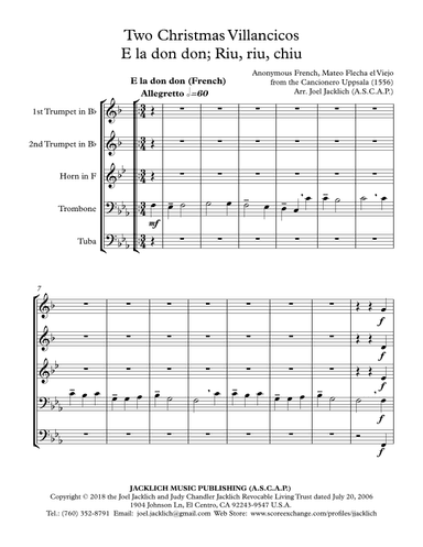 Two Christmas Villancicos: E la don don; Riu, riu, chiu (arr. Joel Jacklich (A.S.C.A.P.))
