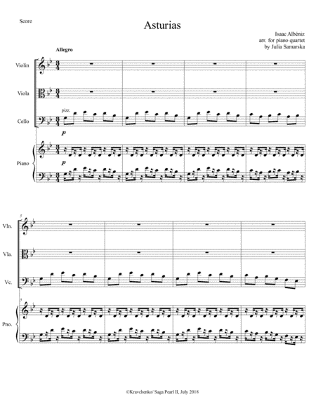Isaac Albeniz - "Asturias" arr. for piano quartet (score and parts) (arr. Julia Samarska)