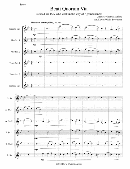 Beati Quorum Via (Blessed are they who walk in the way of righteousness) for saxophone sextet (arr. David Warin Solomons)