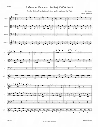Mozart: 6 German Dances K 606 No. 3 arr. for String Trio; Optional - 2nd Violin replaces the Viola (arr. D Oppenheim)