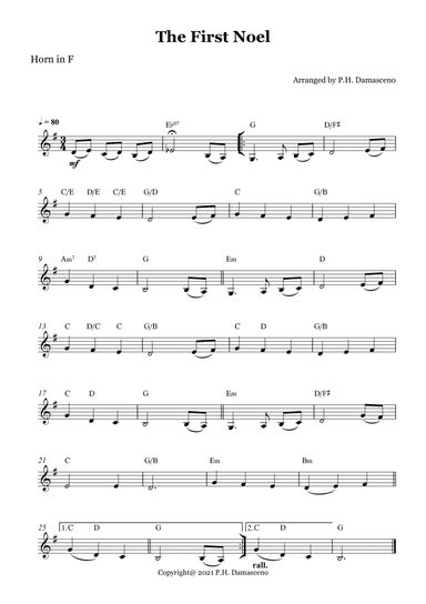 The First Noel - Horn in F Solo with Chords (arr. P.H. Damasceno)