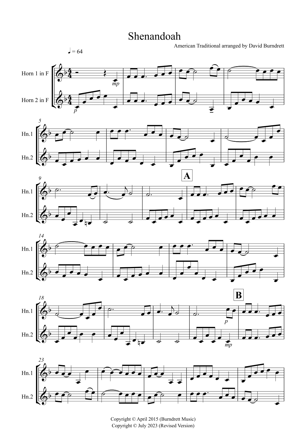 Shenandoah for French Horn Duet (arr. David Burndrett)