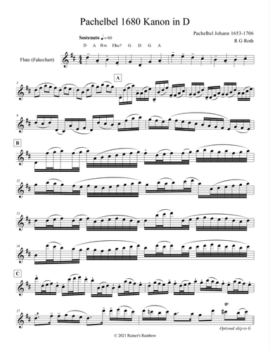 Pachelbel 1680 Canon in D Fakecharts for Flute, Clarinet, English Horn, Bassoon, Sax
