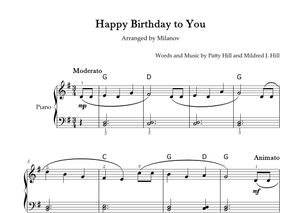 Happy Birthday to You Piano in G Easy Intermediate Chord Fingering (arr. Milanov)