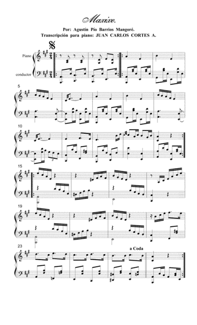 Maxixe por Agustín Pío Barrios Mangoré (Nitsuga Mangoré) para Piano Solo (arr. Juan Carlos Cortés Aguirre)