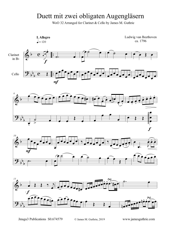 Beethoven: Duet WoO 32 for Clarinet & Cello (arr. James M. Guthrie, ASCAP)