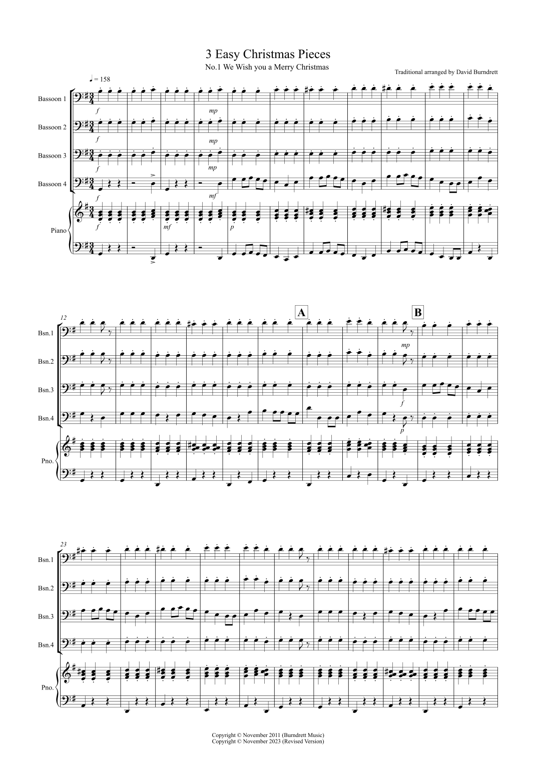 3 Easy Christmas Pieces for Bassoon Quartet (arr. David Burndrett)