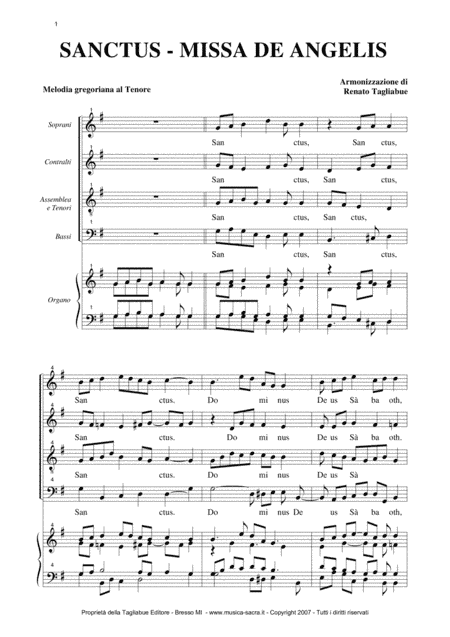 SANCTUS - Missa De Angelis - Arr. For SATB Choir (arr. R. Tagliabue)