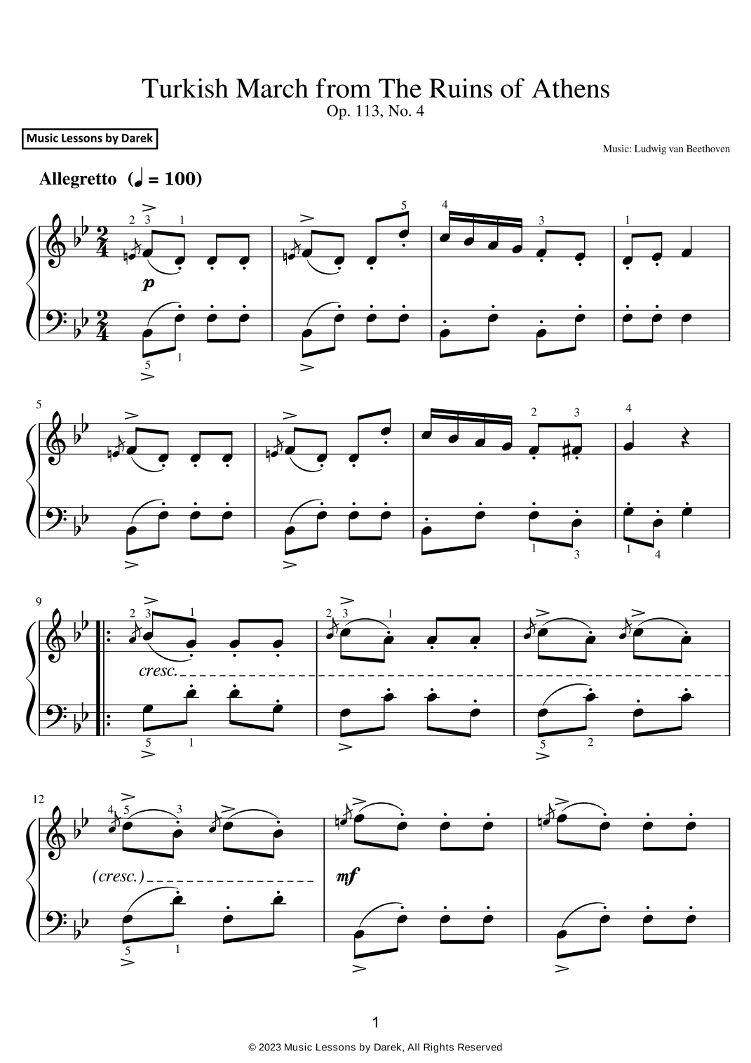 Turkish March from The Ruins of Athens (EASY PIANO) Op. 113, No. 4 [Ludwig van Beethoven] (arr. Darek)