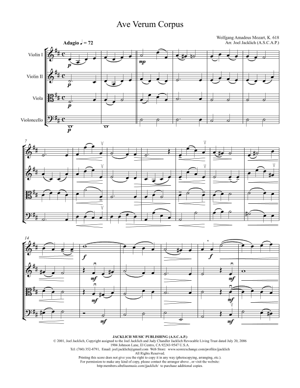Ave Verum Corpus, K. 618 (string quartet) (arr. Joel Jacklich (A.S.C.A.P.))