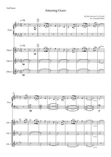 Amazing Grace (John Newton, E. O. Excell) for Oboe Trio and Piano Accompaniment with Chords (arr. Fernando Britto)