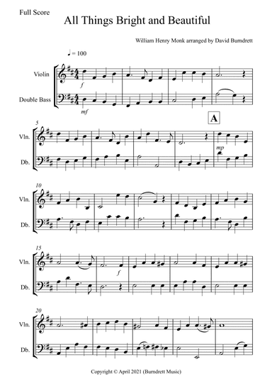 All Things Bright and Beautiful for Violin and Double Bass Duet (arr. David Burndrett)