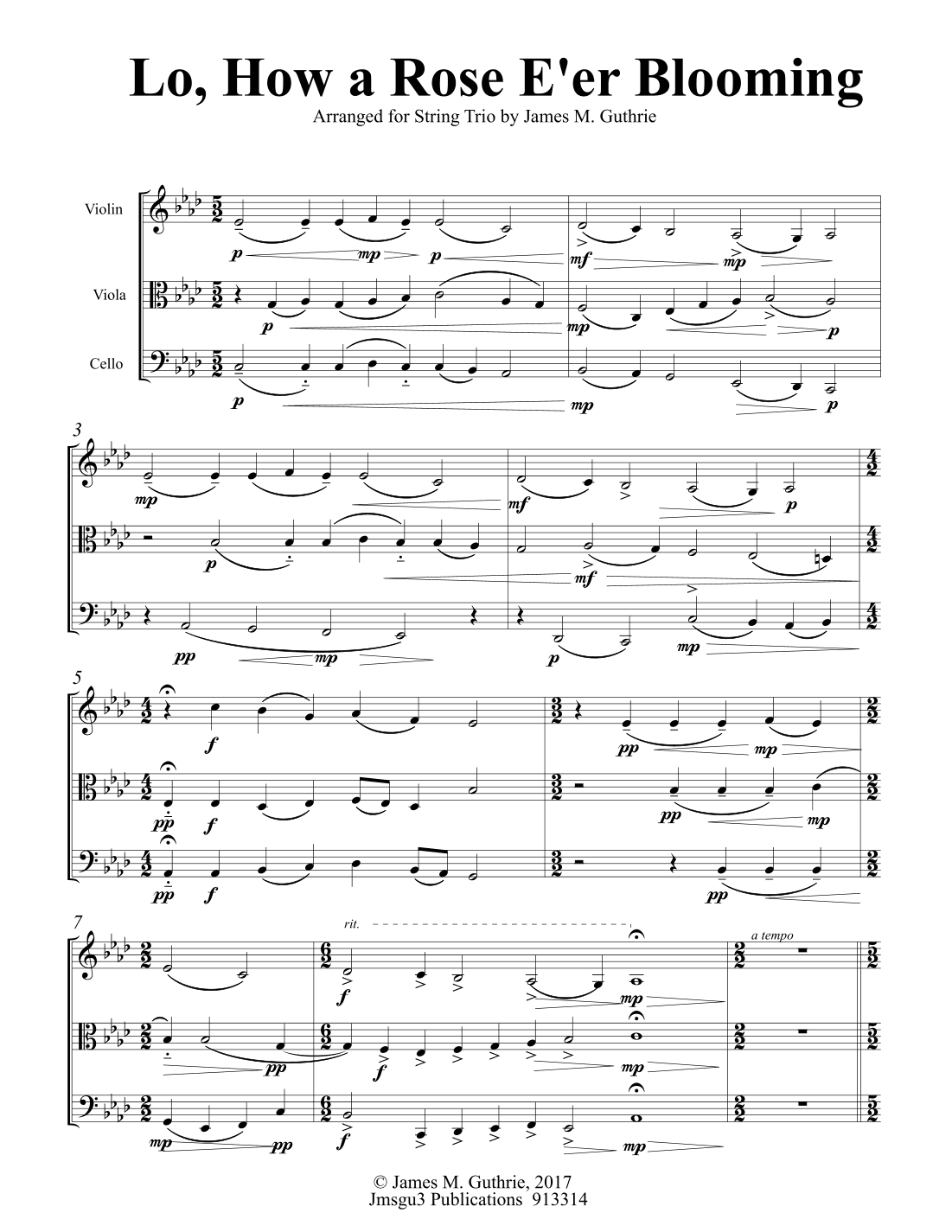Lo, How a Rose E'er Blooming for String Trio (arr. James M. Guthrie)