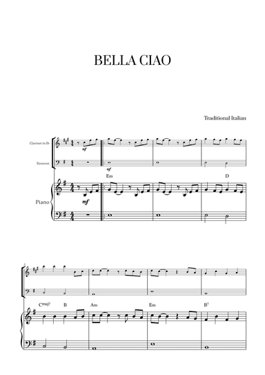 Bella Ciao with chords for Clarinet, Bassoon and Piano (arr. Cadenza Editions)
