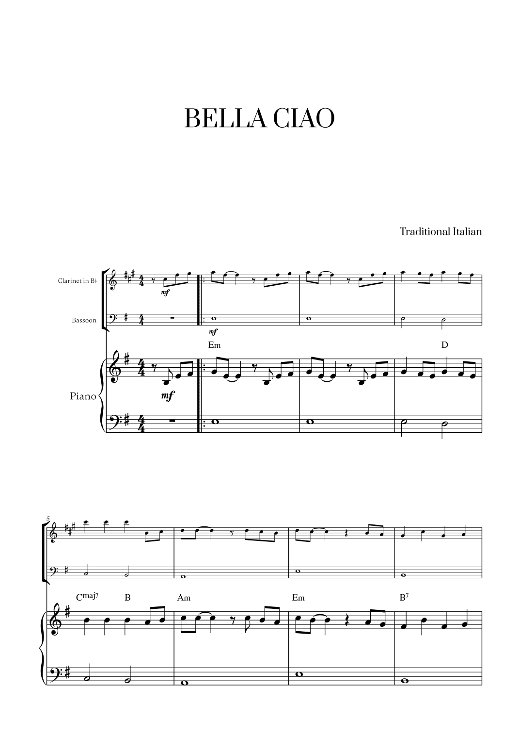 Bella Ciao with chords for Clarinet, Bassoon and Piano (arr. Cadenza Editions)