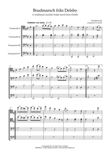 Brudmarsch fran Delsbo for cello quartet (arr. Klas Krantz)