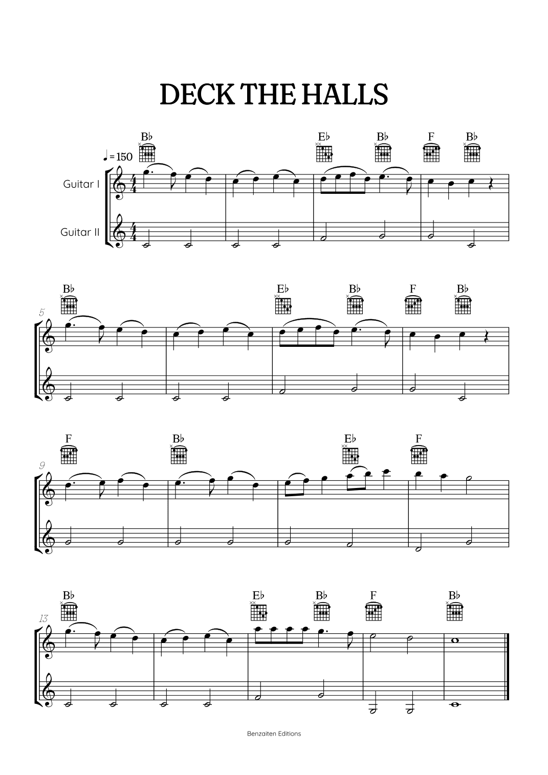 Deck the Halls for acoustic guitar duet • super easy Christmas song sheet music with chords (arr. Benzaiten Editions)