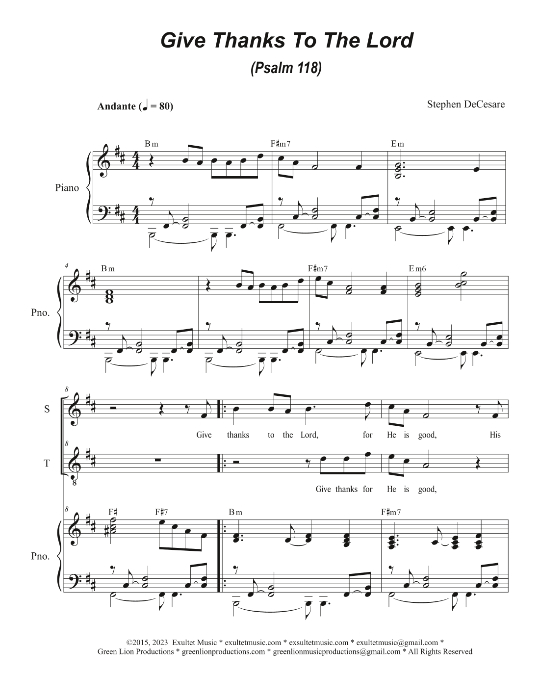 Give Thanks To The Lord (Psalm 118) (Duet for Soprano and Tenor solo)