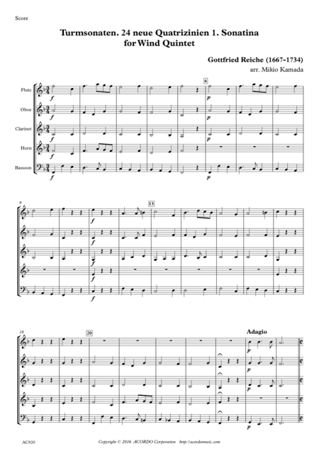 Turmsonaten. 24 neue Quatrizinien  1. Sonatina for Wind Quintet (arr. Mikio Kamada)