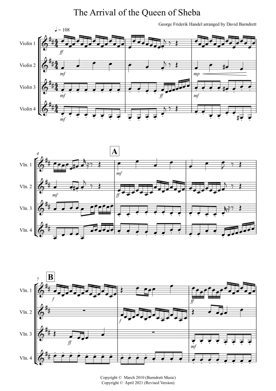 Arrival of the Queen of Sheba for Violin Quartet (arr. David Burndrett)