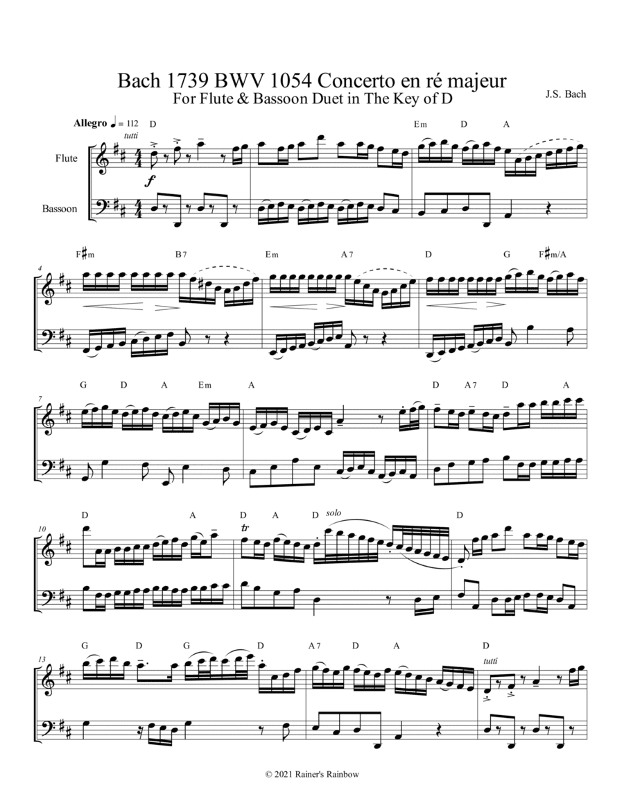 Bach 1739 BWV 1054 Concerto en ré majeur For Duet with Flute & Bassoon in the Key of D (arr. Rainer Grant Roth)
