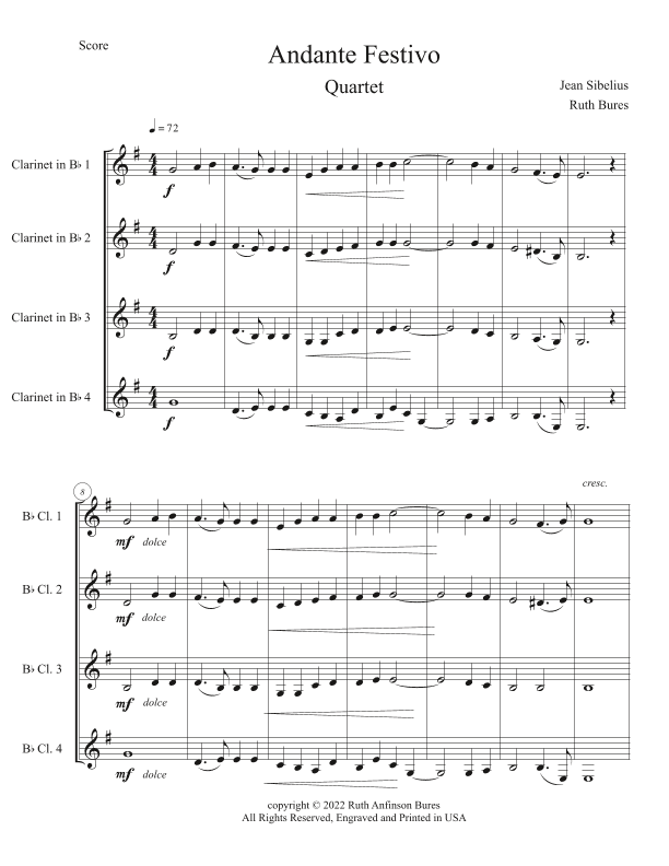 Andante Festivo Score and Parts for Clarinet Quartet (arr. Ruth Anfinson Bures)