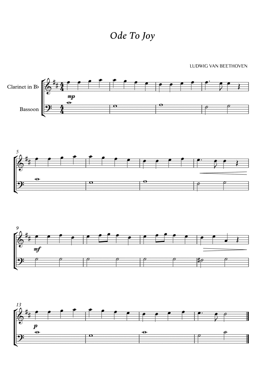 Beethoven - Ode to Joy for Clarinet in Bb and Bassoon (Easy) (arr. Cássio Silva Chaves)