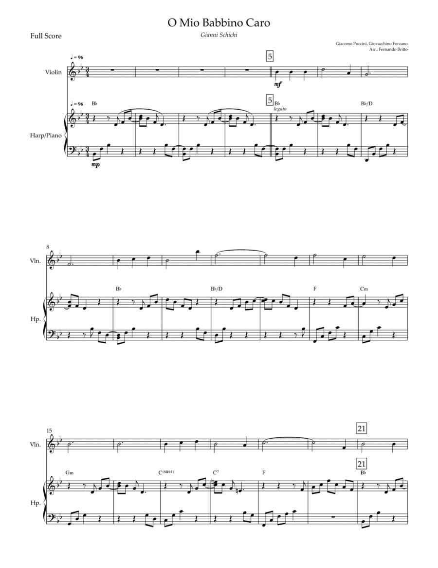 O Mio Babbino Caro (Puccini) for Violin & Piano with Chords (arr. Fernando Britto)