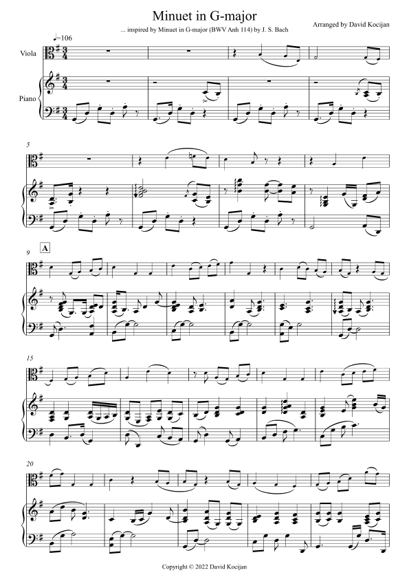 Minuet in G-major - EASY (viola & piano) (arr. David Kocijan)