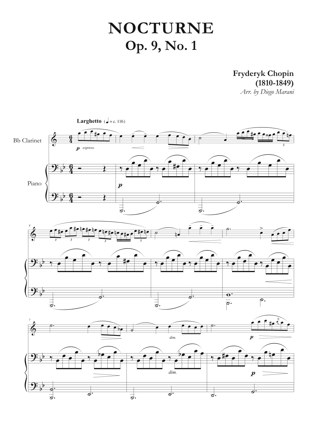 Nocturne Op. 9, No. 1 for Clarinet and Piano (arr. Diego Marani)