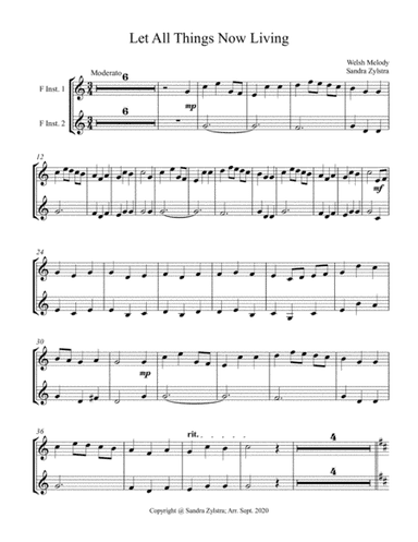 Let All Things Now Living (treble F instrument duet -parts only) (arr. Sandra Zylstra)