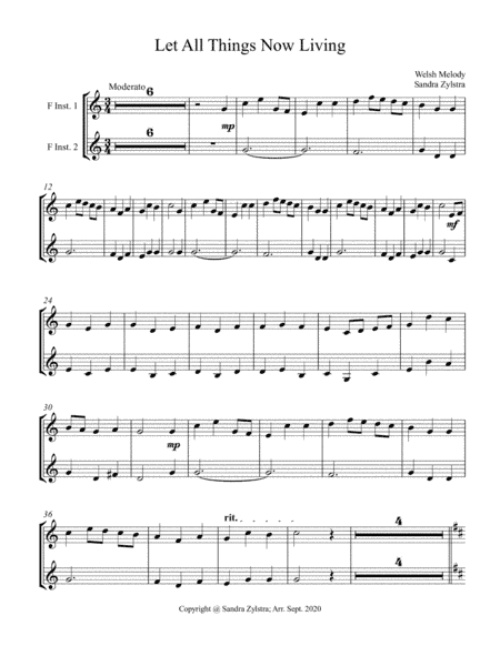 Let All Things Now Living (treble F instrument duet -parts only) (arr. Sandra Zylstra)
