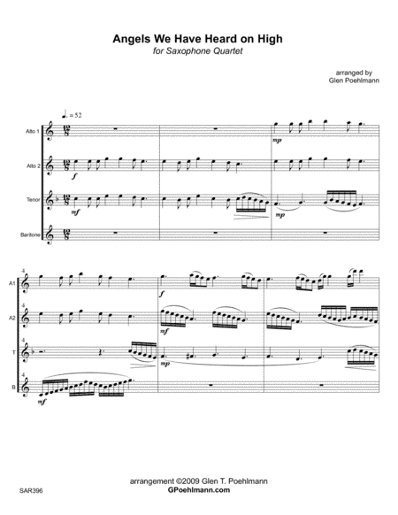 ANGELS WE HAVE HEARD ON HIGH - SATB or AATB SAXOPHONE QUARTET (unaccompanied) (arr. Glen Poehlmann)