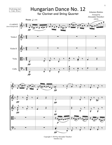 Hungarian Dance No.12, for Clarinet and String Quartet (arr. Alexander Timofeev)