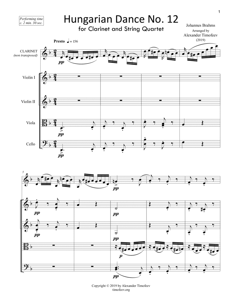 Hungarian Dance No.12, for Clarinet and String Quartet (arr. Alexander Timofeev)