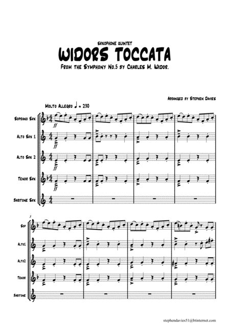 'Widors Toccata' From Symphony No.5 By Charles M. Widor for Saxophone Quintet. (arr. Stephen Davies)