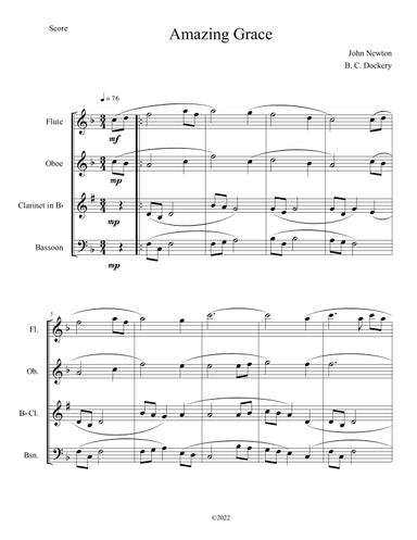 Amazing Grace for Woodwind Quartet (arr. B. C. Dockery)