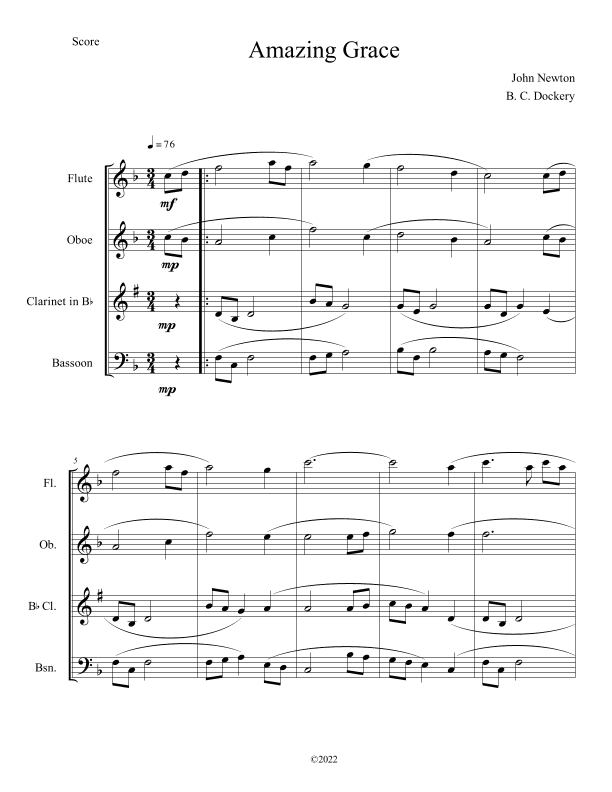 Amazing Grace for Woodwind Quartet (arr. B. C. Dockery)